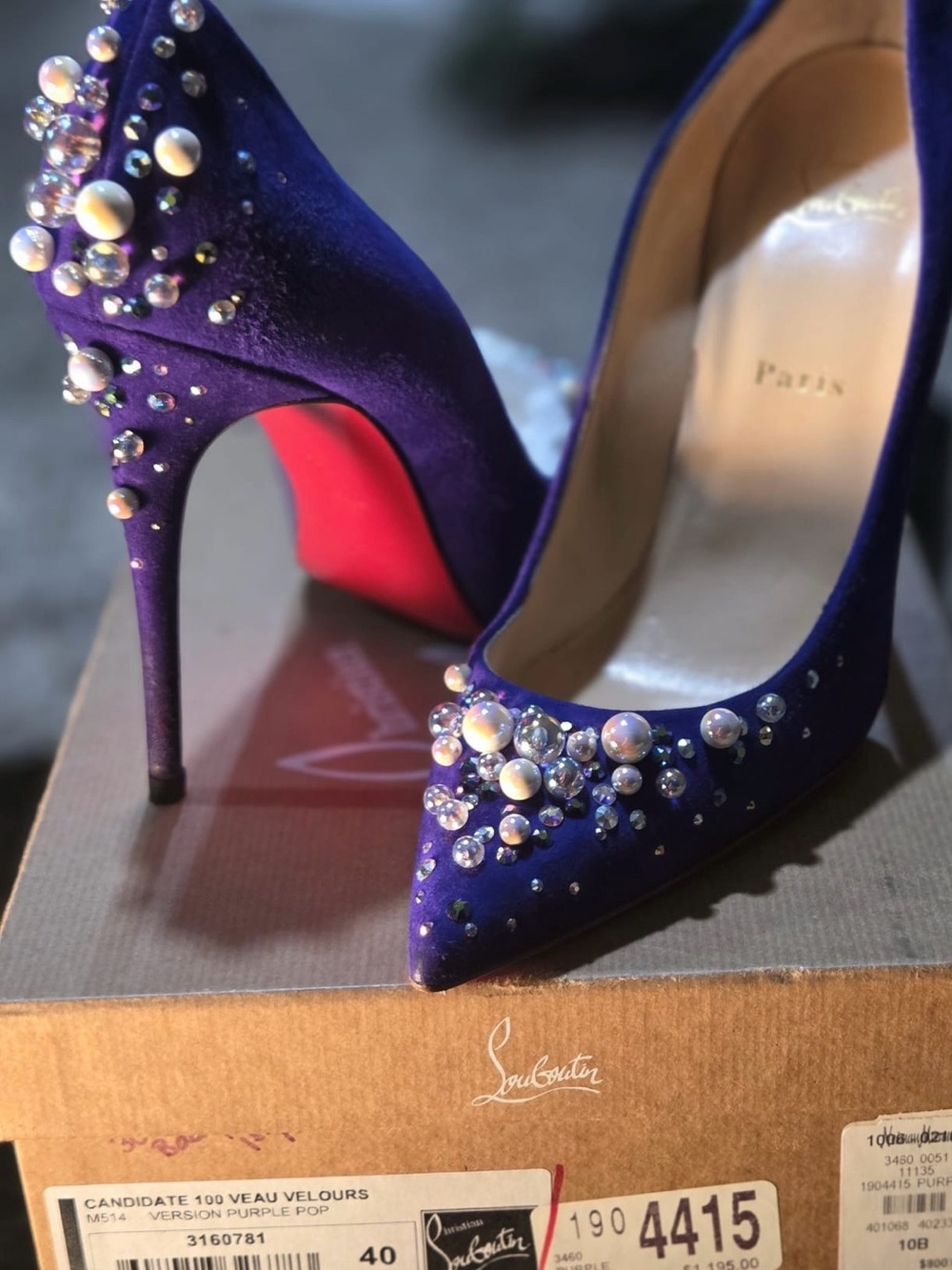 Christian Louboutin Purple Pearl & Crystal Embellished Pointed Toe Pump